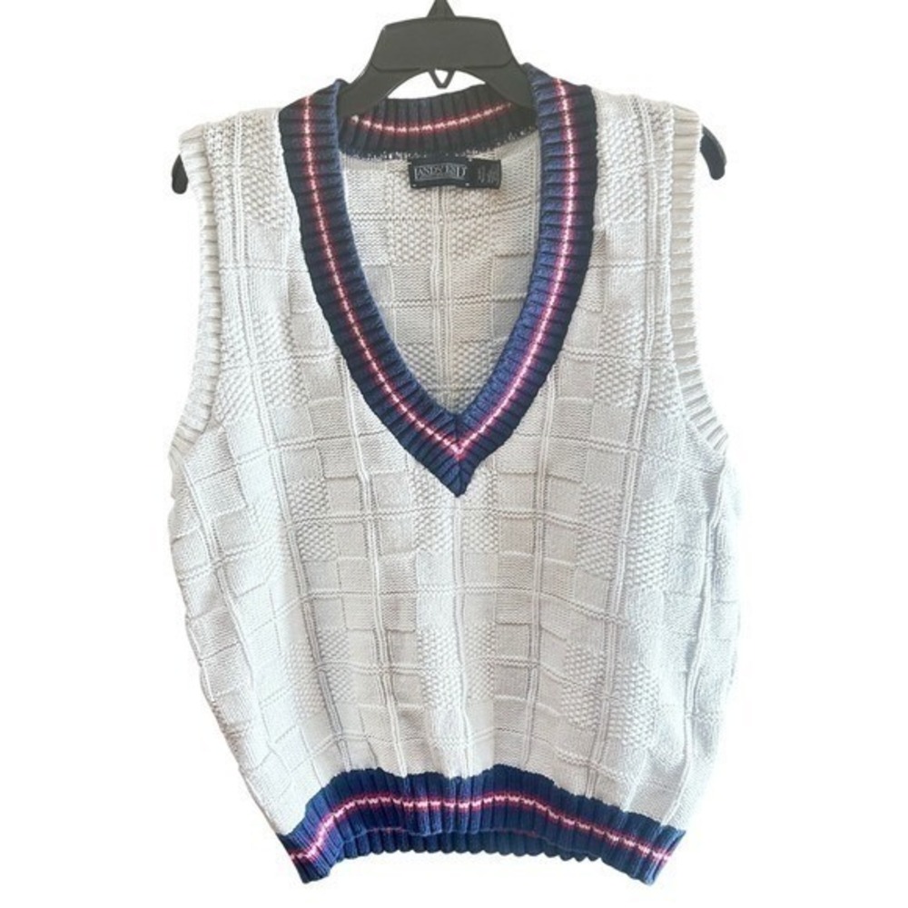 Lands End Vintage Mens Cream Cotton Knit V-Neck Sweater Vest Navy Red Large USA